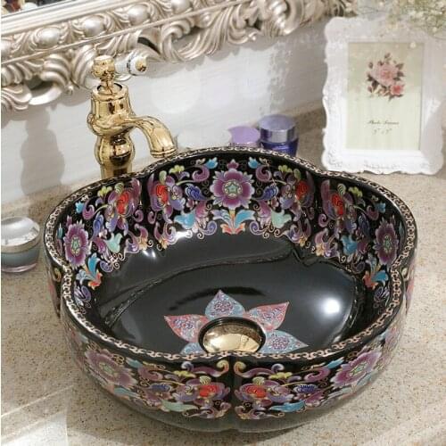 Flower shape Western antique chinese ceramic colored bathroom basin hand wash bowls lavabo sink Bathroom sink ceramic bowl basin