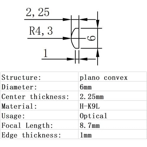 Plano Convex Lens Diameter 6mm Focal Length 8.7mm H-K9L Glass Lens Optical Glass Optical Lens