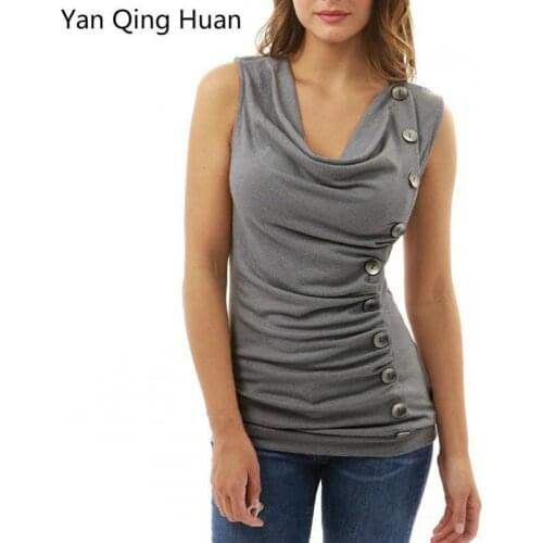 Yan Qing Huan Hot Summer Explosions V-neck Irregular Sleeveless Shirt Slim Womens T-shirt 2019 Wrinkled Button Decorative Shirt