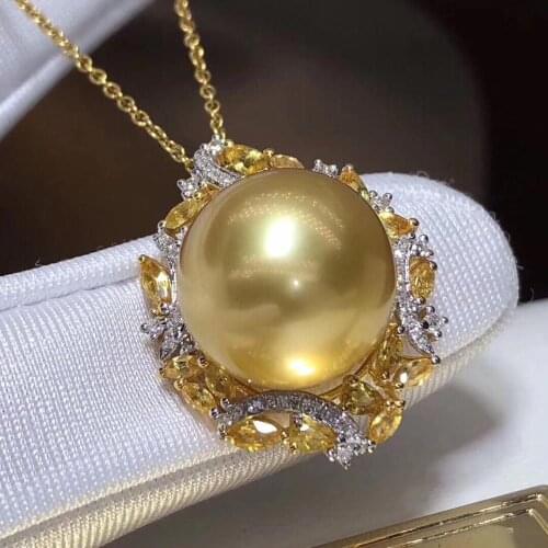 Fine Jewelry 18K Yellow Gold Natural Ocean Golden Pearl 13-14mm Pendant Necklaces for Women FIne Pearls Pendants