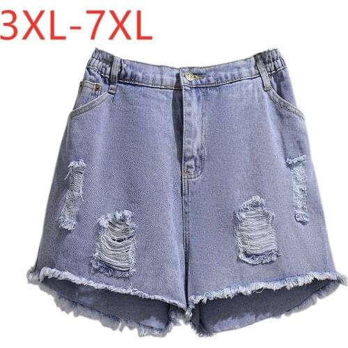 New 2021 Ladies Summer Plus Size Jeans Shorts For Women Large Wide Leg Blue Cotton Pocket Hole Denim Shorts 4XL 5XL 6XL 7XL