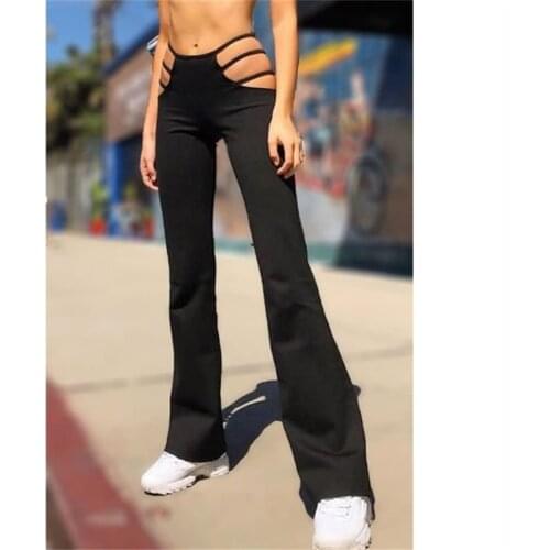 Women Punk Style Cut Out Flare Pants Fashion Classic Low Waist Solid Color Stretch Bell Bottom Pant Stretch Pants With Slim Hips