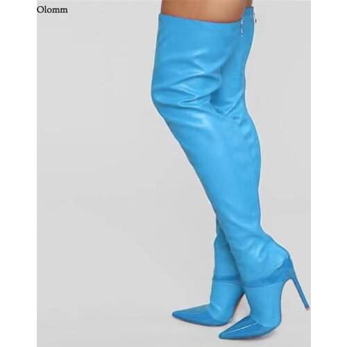Olomm Customization Women Spring Thigh Boots Back Zipper Stiletto Heel Pointed Toe 11 Colors Party Shoes Women Plus US Size 5-15
