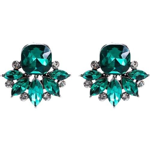 New Statement Shiny Gold Color Deep Green Crystal Rhinestone Stud Earrings for Women Fashion Charms Earrings