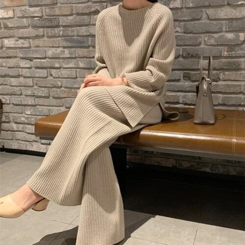 Women Knitted 2 Piece Set Fall Winter Thick Warm Knitted Pullovers Sweater Suits+High Waist Loose Wide Leg Pants Knitwear Suits