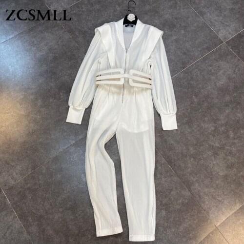ZCSMLL V-neck, long-sleeved, ruffled, front zipper belt, waist, temperament, womens pleated jumpsuit 2021 Spring Summer