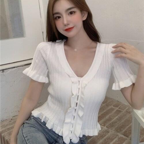 Women Short Sleeved Knitted Cardigan Summer Top Tees Fashion V-neck Button Ruffled Short T-Shirts