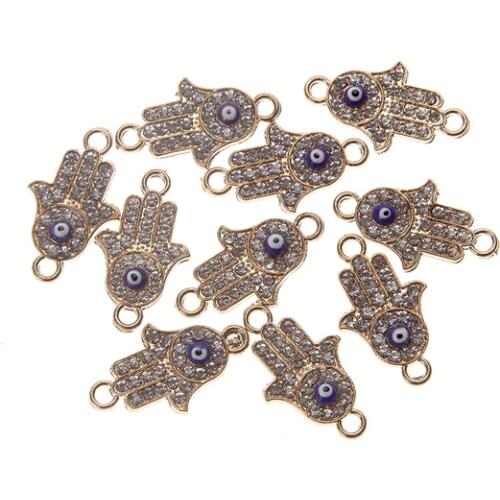 10pcs Gold Sliver Fatima Hand Beads Charm Connector With Rhinestone DIY Bracelet Necklace