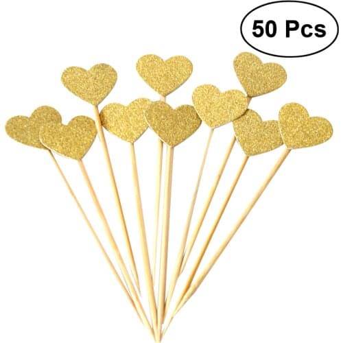 50pcs Glitter Heart Topper Cupcake Toppers Gold Heart Cake Topper Golden Toppers For Wedding Bridal Baby Shower Birthday Party