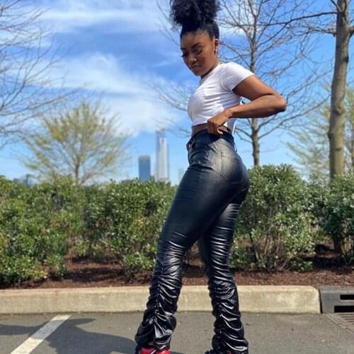 PU Leather Black Stacked Leggings for Women Female Winter Warm Stacked Sweatpants Flare Pleated Ruched Pants Trousers Jogger