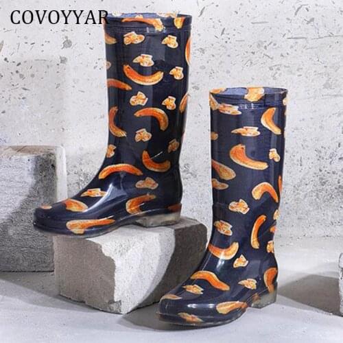 COVOYYAR 2021 Fashion Women Rain Boots Knee High Rubber Boots Flat Floral Waterproof Jelly Shoes Rainboots WBS4091