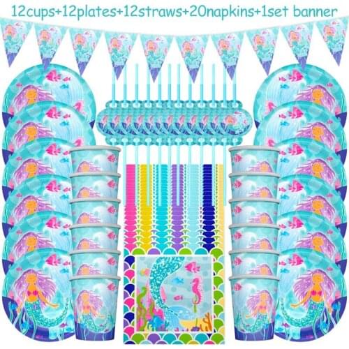 Baby shower supply Little mermaid party Paper tableware sets Birthday party decorations kids Under the sea themed Paper plates
