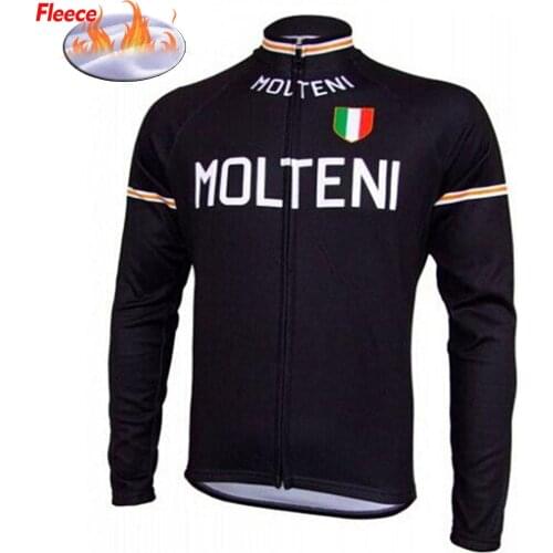 MOLTENI Classic Black Winter Fleece Cycling Jersey Retro Bike Clothing Road/MTB Bicycle Wear Shirts Long Sleeve Thin FULL ZIP