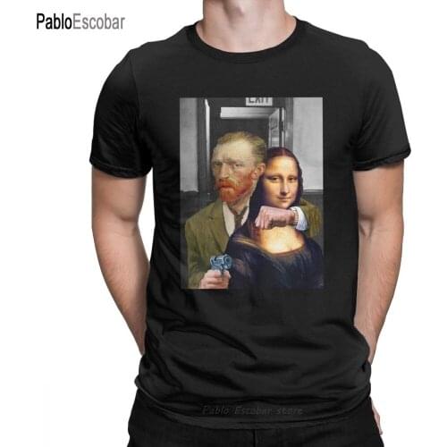 Novelty Art Theft Van Gogh Mona Lisa T-Shirt for Men Round Neck 100% Cotton T Shirt Humor Aberrant Art Parody Funny