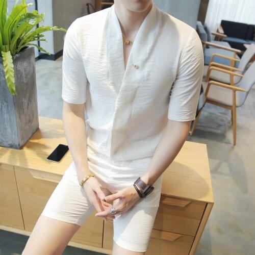 Mens Sets Solid V-Neck Sexy Causual Men Set Shirt and Short Pant Blind Placket Summer Shirt Half Short Pantaloni Tuta Uomo