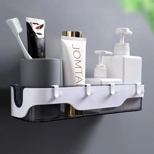 Wall-mounted Storage Rack Bathroom Shelf For Kitchen With Hooks Storage Bathroom Accessories Without Drill Plastic Container