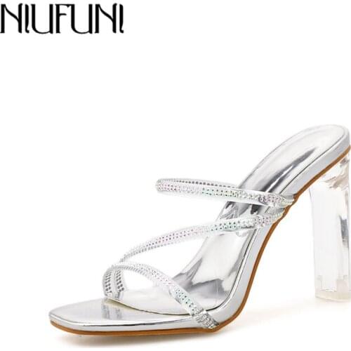 NIUFUNI 2020 New Casual Slippers Rhinestone Buckles Crystal High Heels 11CM Sandals Sexy Peep Toe Shoes Woman Plus Size 35-42
