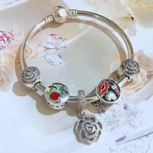 NEW 100% 925 Sterling Silver Flower Charm Heart Lady Clip 5 Charm Bead Bracelet Set Planet of Charm Astronaut Bangle Love Charm