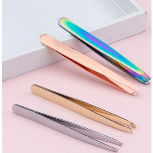 Hair Removal Tweezers Stainless Steel Eyebrow Tweezers Pink Slanted Black Tip Point Face Harmless Makeup Beauty Tool Wholesale