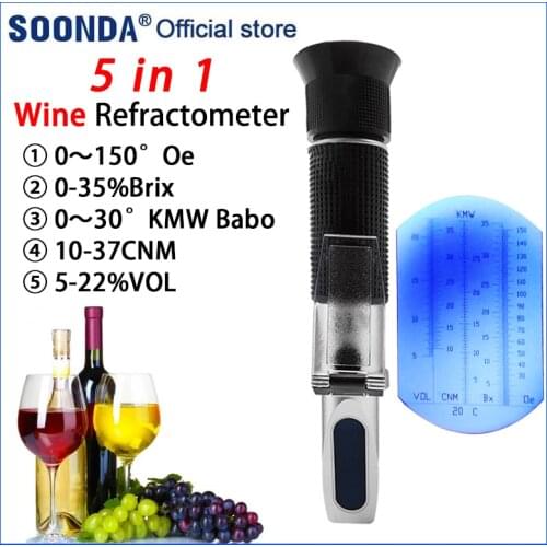 5 in 1 Wine Refractometer 0-35% Brix Meter 5-22%VOL Alcohol Tester 0～150°Oe 0～30°KMW Babo 10-37CNM