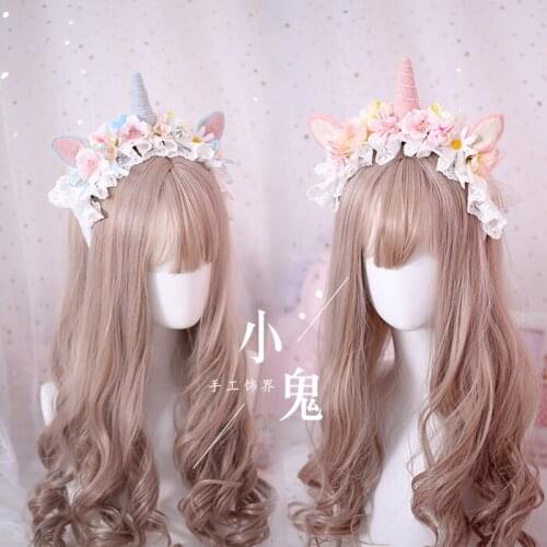 Hand made lolita dreamy beautiful unicorn hair accessories girl heart lace sweet girl flower headband wool felt KC