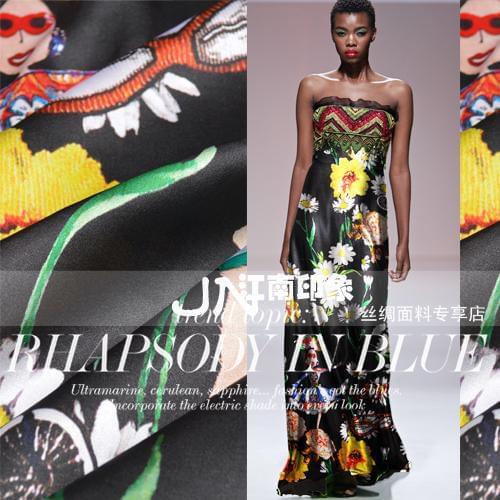 Super Elastic satin poplin Black yellow flowers Prints Woven Fabrics stretch silk Material For Curtains Blouse Dress Silk Fabric