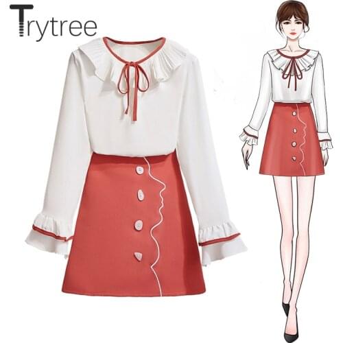 Trytree 2020 Autumn Women two Set Casual Solid Ruffles Bow Flare Sleeves Top + Skirt Fashion Button Zipper Mini Suit 2 Piece Set