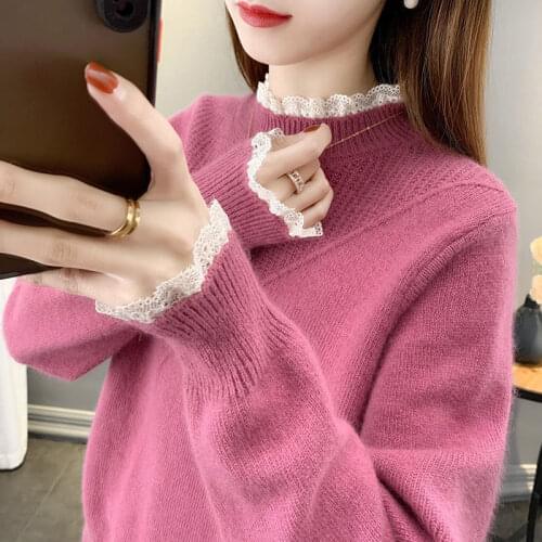 Woman Sweaters Chandails Sweater Autumn and Winter Turtleneck Lace Patchwork Knitting Female Inner Wear Outer Wear