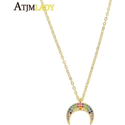 2020 New 925 Sterling Silver Rainbow Cz Charm Necklaces Crescent Moon Dainty Cross Thin Chain Silver Women Moon Pendant Necklace
