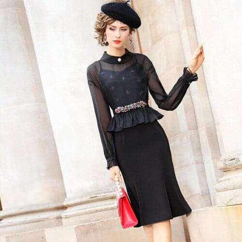 2021 NEW Runway spring Vintage Fish tail wrap hip dress Celebrities Ruffle dresses 3xl autumn work Women Full sleeve Party Dress