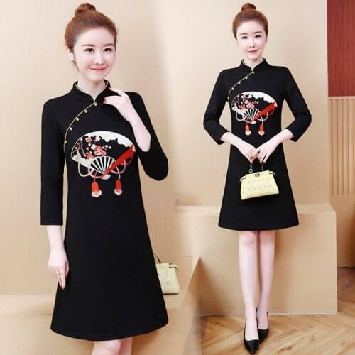 Black Cheongsam Dress Autumn 2019 Chinese Style Dress Midi Long Stand Collar Banquet Vestidos Vintage Robe Femme AA4647