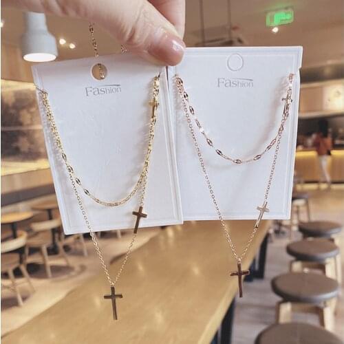 2021 New Arrive Doublelayer Chain Necklaces Stainless Steel Cross Pendant Collier For Women Fashion Choker