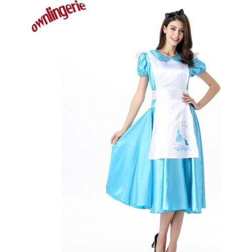 Alice Cosplay Long Stain Light Blue Maid Costumes Costume halloween Fancy Dress Short Sleeve,white apron