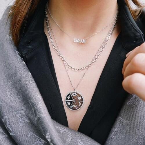 Big round pendant Long chain women necklace round coin engraved lucky symbols gorgeous trendy necklaces