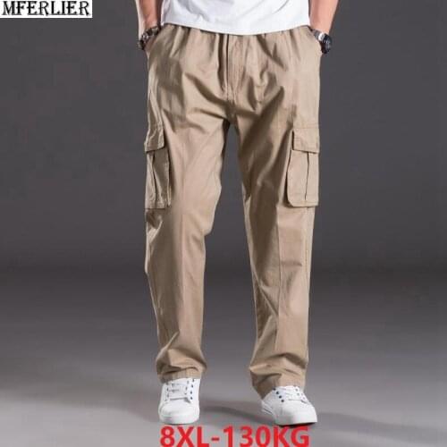 Autumn Men casual cargo pants out door plus size big 5XL 7XL 8XL Stretch trousers safari style Straight loose pants pocket khaki