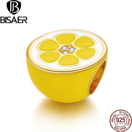 BISAER Fresh Lemon Beads 925 Sterling Silver Orange Fruit Charms Zircon Fit DIY Bracelet Pendant For Women Necklace ECC1590