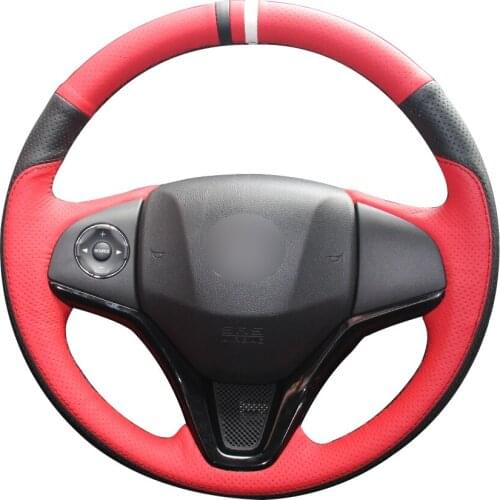 Black Red Natural Leather Car Steering Wheel Cover for Honda New Fit City Jazz 2014 2015 HRV HR-V 2016 Vezel 2015-2017