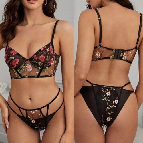Floral Embroider Lingerie Set Ladies Sexy Lace See Through Bra G-String Underwear Women Sex Erotic Costume Lenceria Porn Gift