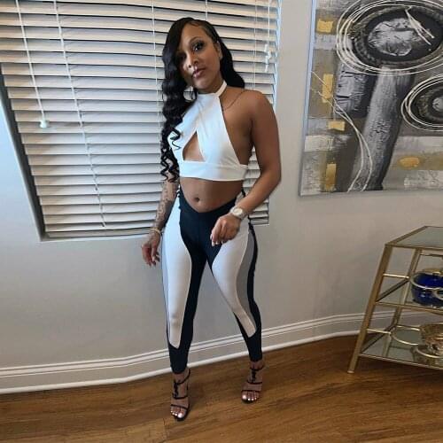 Contrast Color Patchwork 2 Piece Sport Suit Home Suit for Women Off Shoulder Hollow Crop Top Pencil Legging Activewear Outfits
