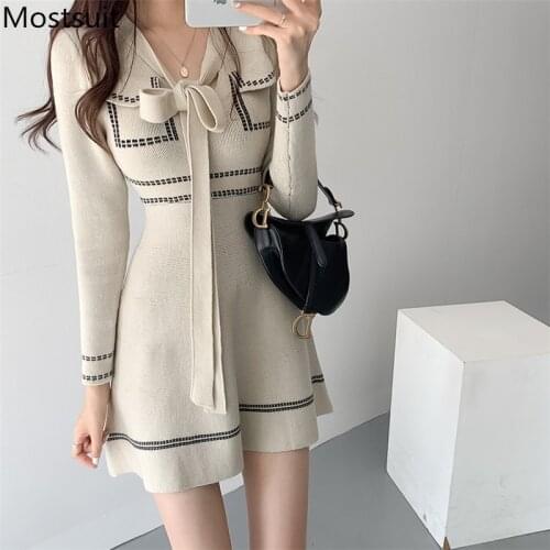 Korean Knitted Lace-up Bow Mini Dress Women Long Sleeve A-line Dresses Elegant Fashion Ladies Sexy Vestidos Femme 2020
