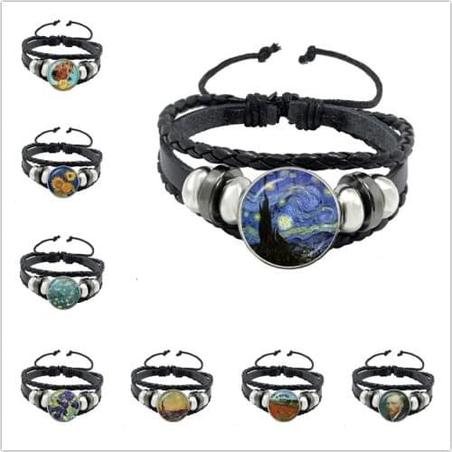 2021 Hot Sell Van Gogh Almond Branch in Bloom Art Pendant Leather Bracelet Famous Painting Glass Cabochon Jewelry Wholesale