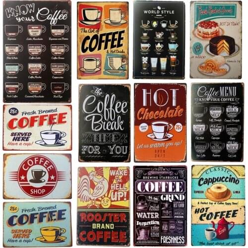 Hot Coffee Menu Poster Decor For Cafe Tea Shop Pin Up Wall Signs Decoration Retro Shabby Metal Plate Poster Art Painting Plaques