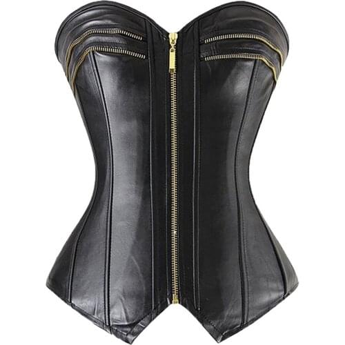 S-XXL Sexy Leather Steampunk Corset PVC Zip Front Lace up Back Top Overbust Body Shaper Waist Lingerie Vintage Gothic Corset