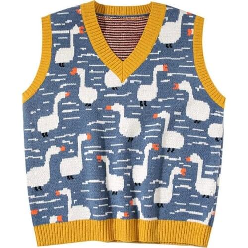 LACIBLE Harajuku Goose Print Sleeveless Knitted Vest Sweater Loose 2021 Autumn Casual Vest Jumper Pullover Waistcoat Tops