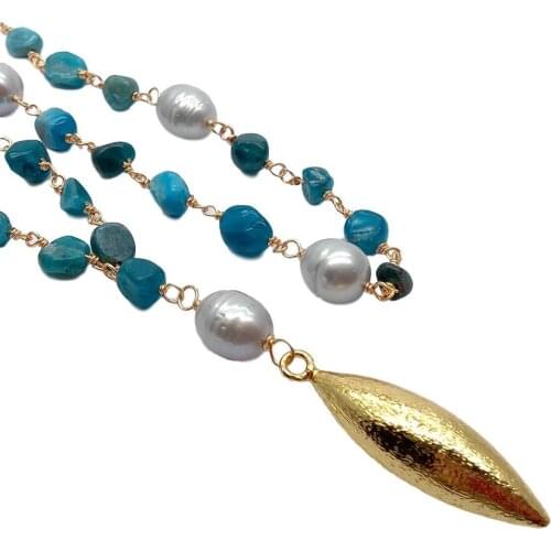 YYGEM Olive Brushed Gold color Pendant natural Apatite Cultured Gray Rice freshwater Pearl Wrap Necklace 24"