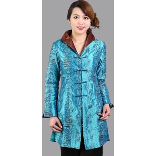 Blue Autumn New Chinese Female Satin Jacket Traditional Long Sleeve Embroidery Coat Flowers Size S M L XL XXL XXXL 4XL 5XL