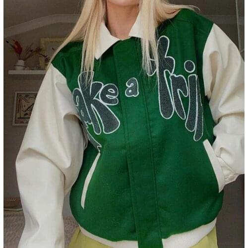 Women Bomber Jacket Grass Green Contrast Stitching y2k Applique Baseball Coats High Street Letter Hip Hop harajuku Street Loose