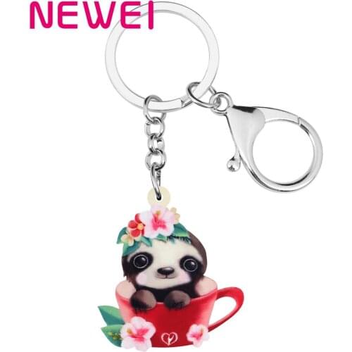 NEWEI Acrylic Flower Cup Sloth Key Chains Animal Key Rings For Women Girls Teens Men Bag Car Purse Decoration Gift Hot Sale Bulk