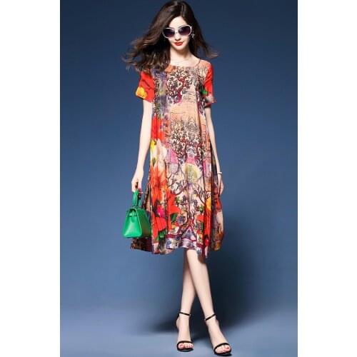 New Spring Retro Multicolor Floral Printing Loose Dress Plus Size 3XL Summer Short Sleeve Womens Faux Silk Elegant Dresses