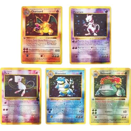 5PCS Charizard Mewtwo Pokemon Cards Flash Card First Edition English Version First Generation Pokemon Game Collection Cards Gift